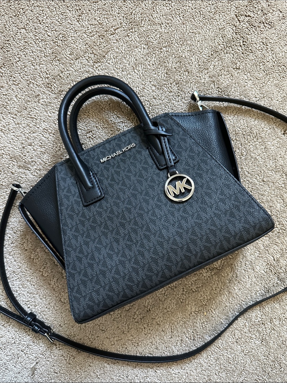 Michael Kors Black Logo-Print Satchel with Silver MK Charm